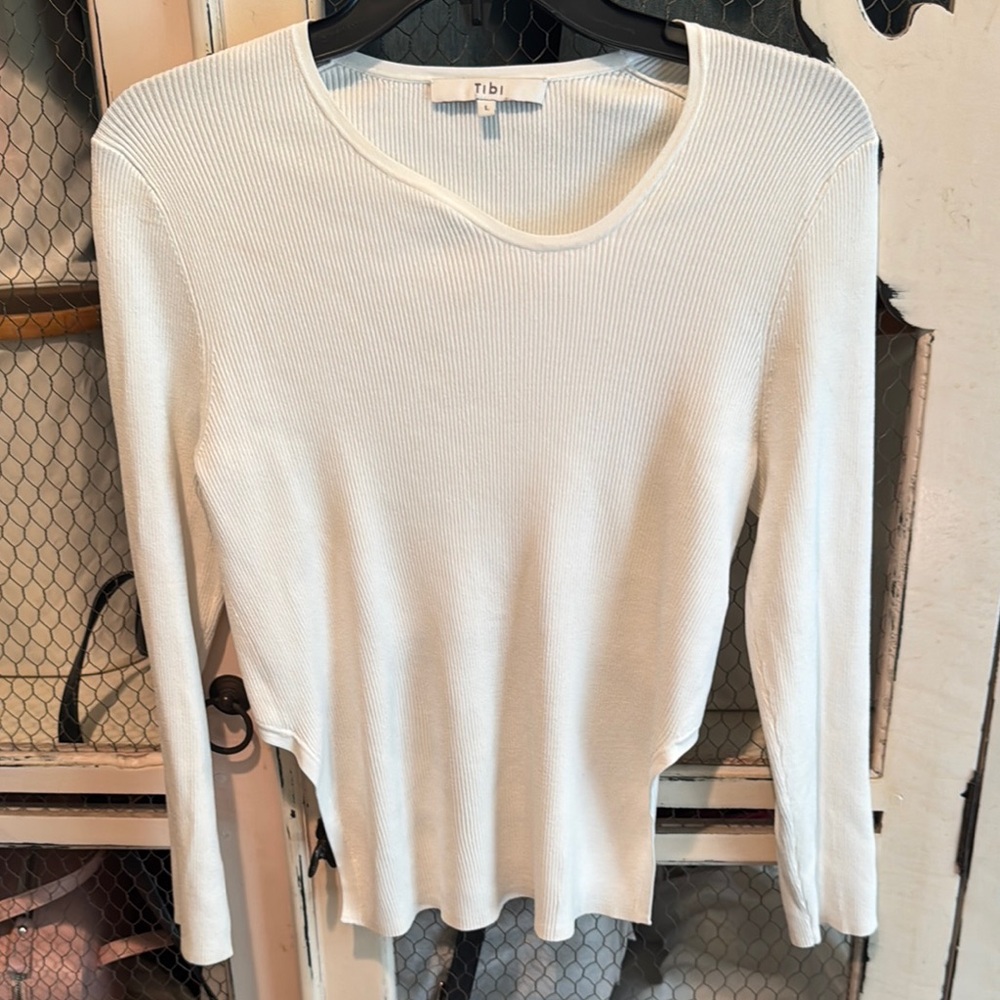 Tibi Giselle asymmetrical neckline open back top, size L, EUC, $100